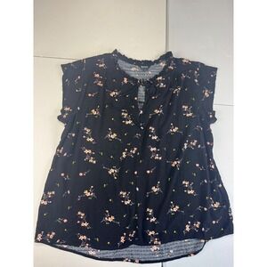Buffalo David Bitton Floral Print Top XL Black Ruffle Neck Tie Keyhole